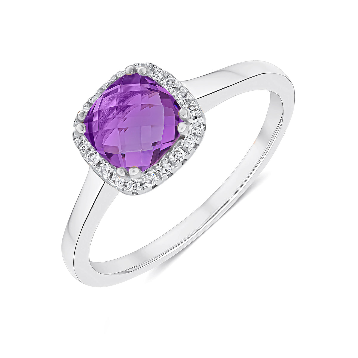 9CT WG 6MM CHECKERBOARD CUT CUSHION AMETHYST AND ROUND DIAMOND CLAW SET CLUSTER RING