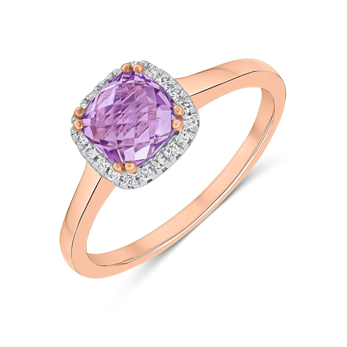 9CT RG 6MM CHECKERBOARD CUT CUSHION PINK AMETHYST & DIAMOND CLAW SET CLUSTER RING