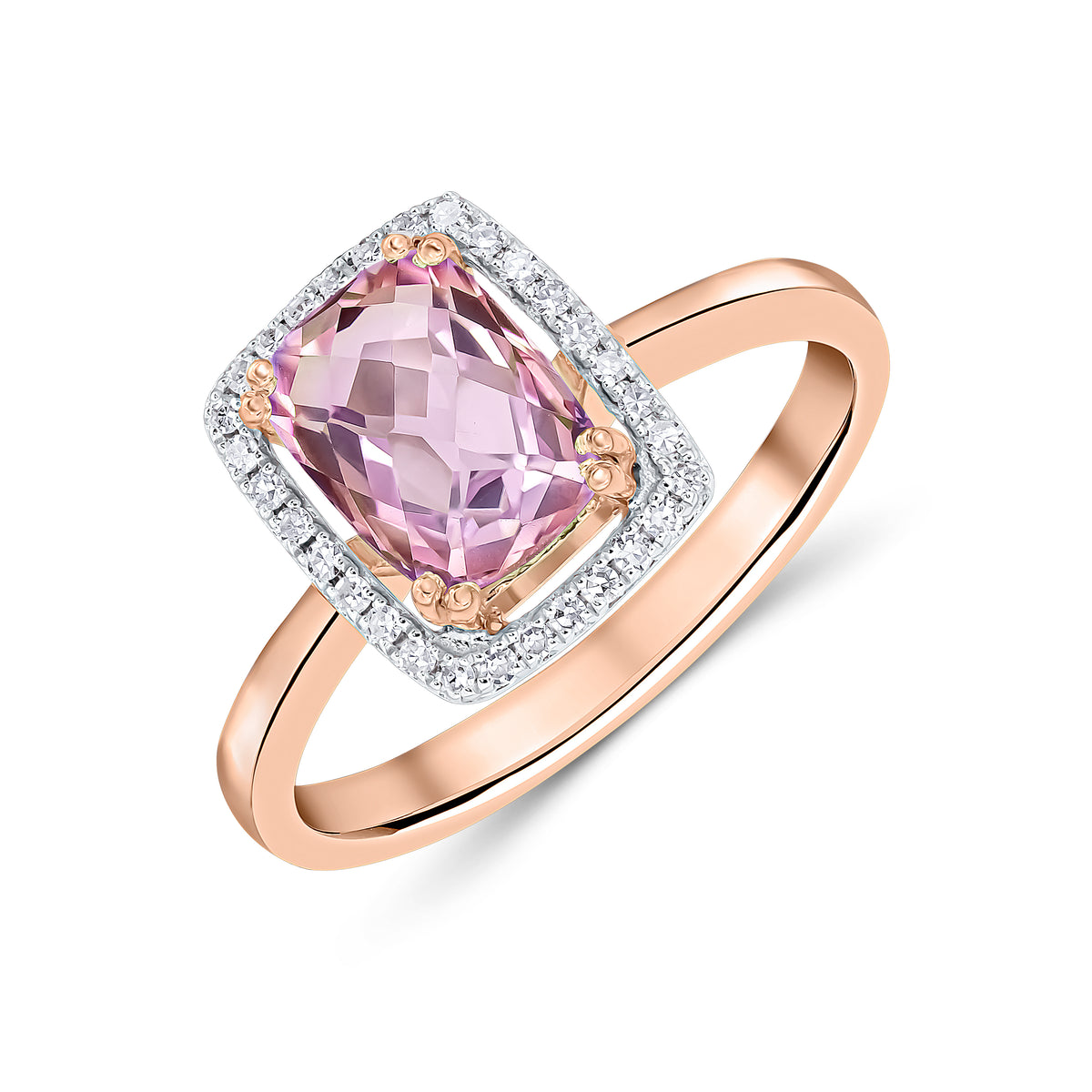 9CT RG 8X6 CUSHION CHECKERBOARD CUT PINK AMETHYST & DIAMOND HALO CLUSTER RING