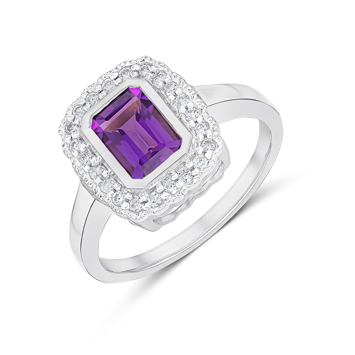 9CT WG RUBOVER 7X5 OCTAGON AMETHYST AND DIAMOND CLUSTER RING WITH MILLEGRAIN EDGE.