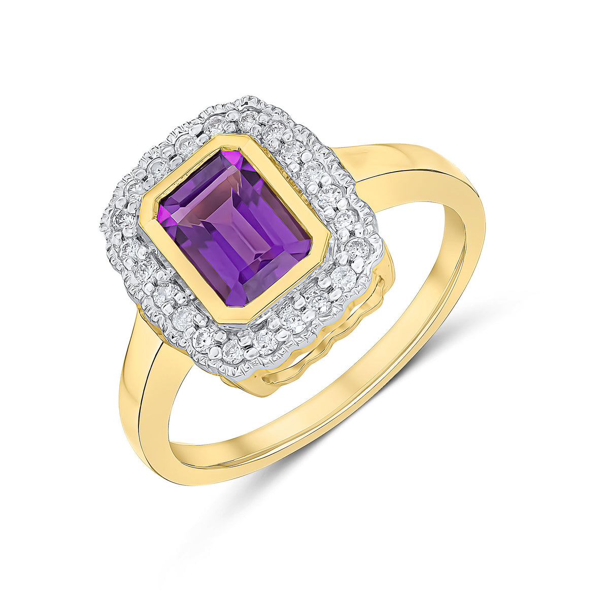 9CT YG RUBOVER 7X5 OCTAGON AMETHYST AND DIAMOND CLUSTER RING WITH MILLEGRAIN EDGE. RHODIUM TO DIAMONDS