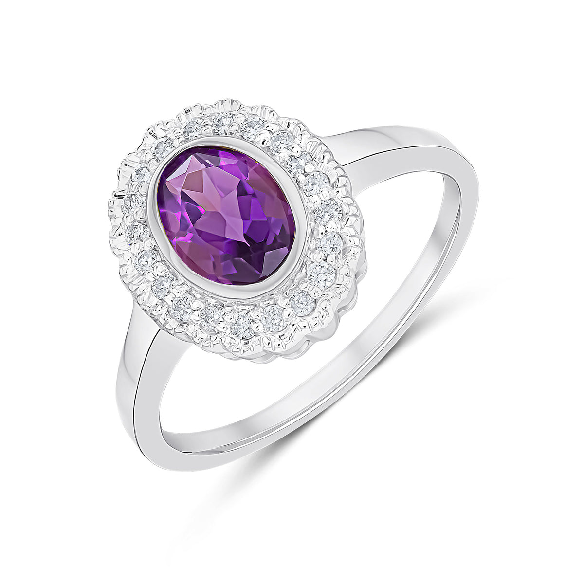 9CT WHITE GOLD RUBOVER OVAL AMETHYST AND MILLEGRAIN ROUND DIAMOND CLUSTER RING