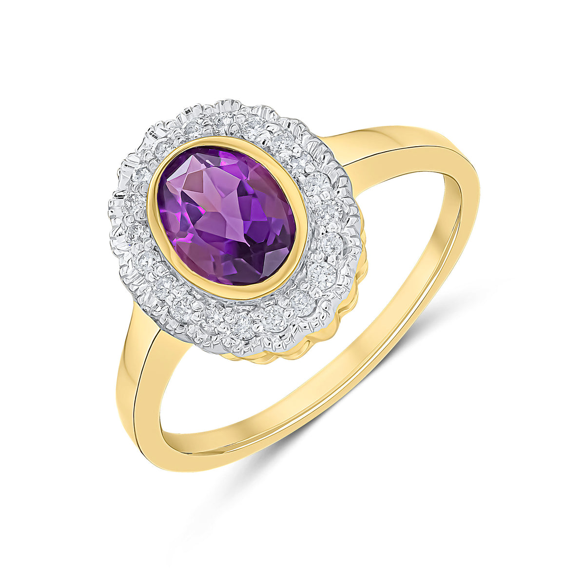 9CT YG RUBOVER 7X5 OVAL AMETHYST AND MILLEGRAIN ROUND DIAMOND CLUSTER RING. RHODIUM TO DIAMONDS