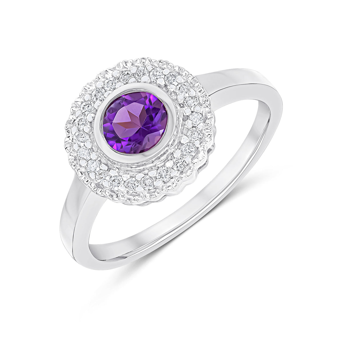 9CT WHITE GOLD ROUND RUBOVER AMETHYST AND MILLEGRAIN ROUND DIAMOND CLUSTER RING