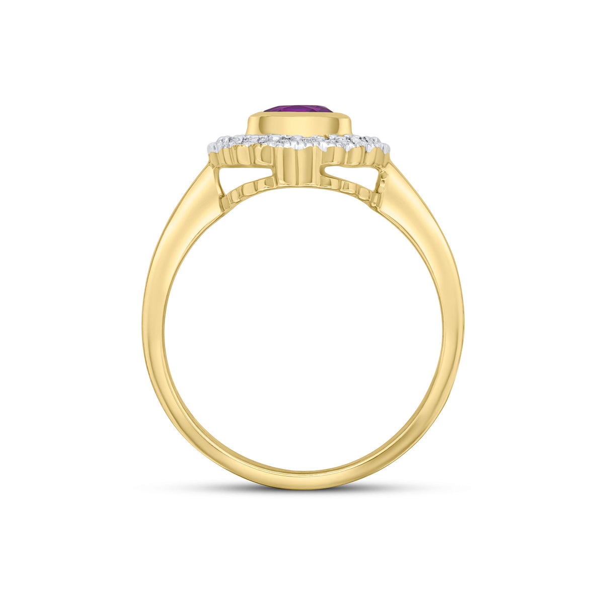 9CT YELLOW GOLD ROUND RUBOVER AMETHYST AND MILLEGRAIN ROUND DIAMOND CLUSTER RING. RHODIUM TO DIAMONDS