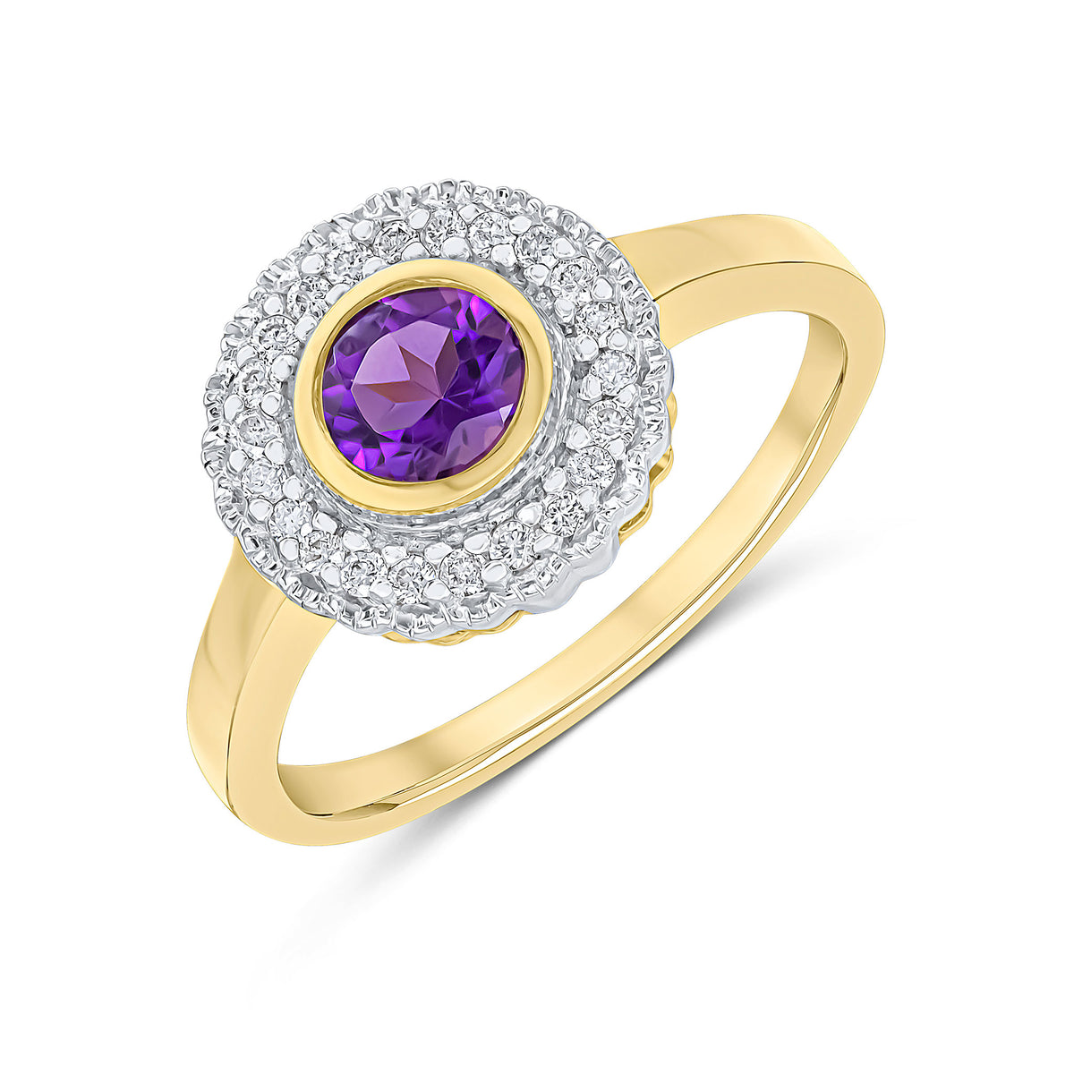 9CT YELLOW GOLD ROUND RUBOVER AMETHYST AND MILLEGRAIN ROUND DIAMOND CLUSTER RING. RHODIUM TO DIAMONDS