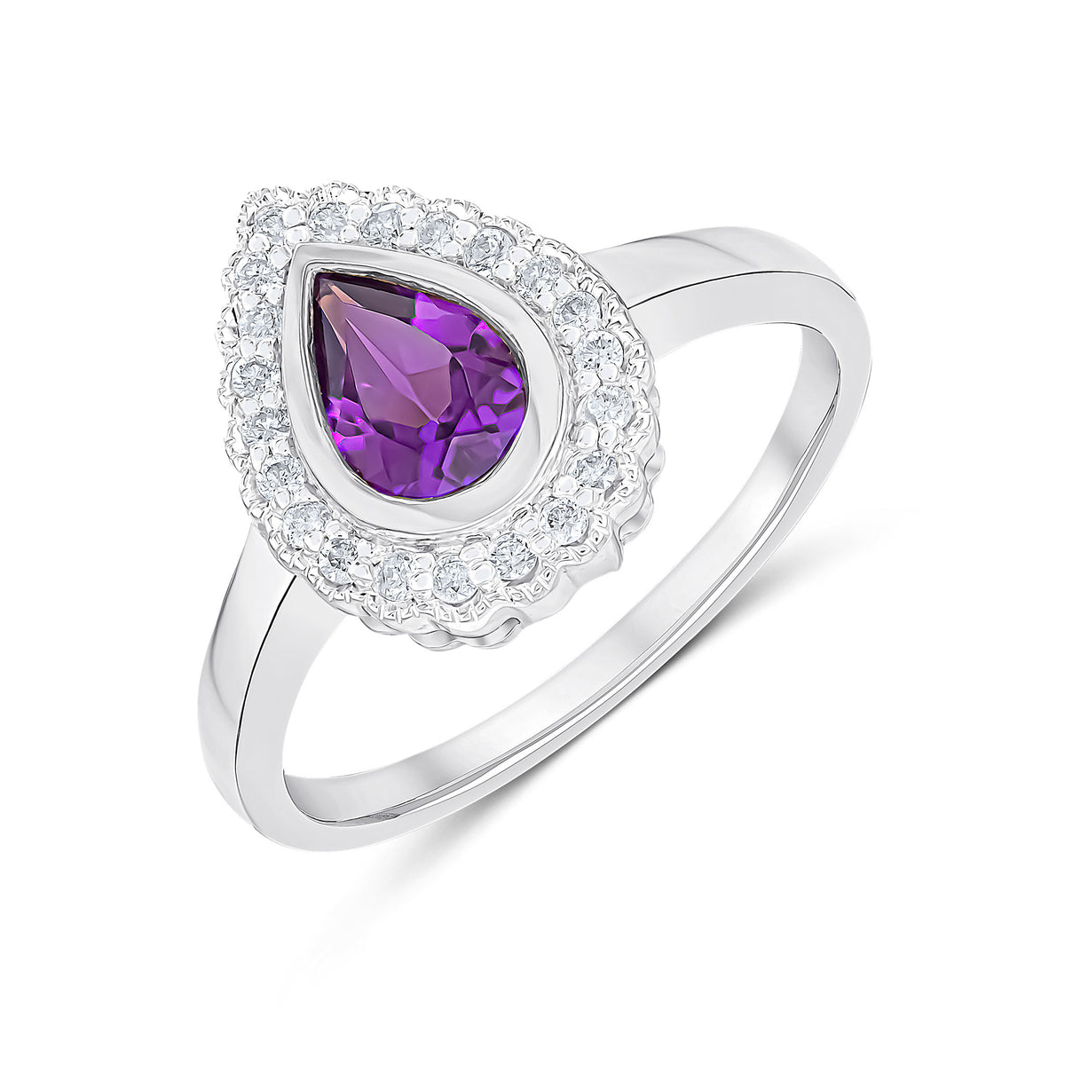 9CT WHITE GOLD PEARSHAPE RUBOVER AMETHYST AND MILLEGRAIN ROUND DIAMOND CLUSTER RING