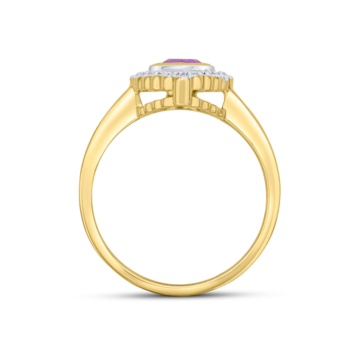 9CT YELLOW GOLD PEARSHAPE RUBOVER AMETHYST AND MILLEGRAIN ROUND DIAMOND CLUSTER RING. RHODIUM TO DIAMONDS
