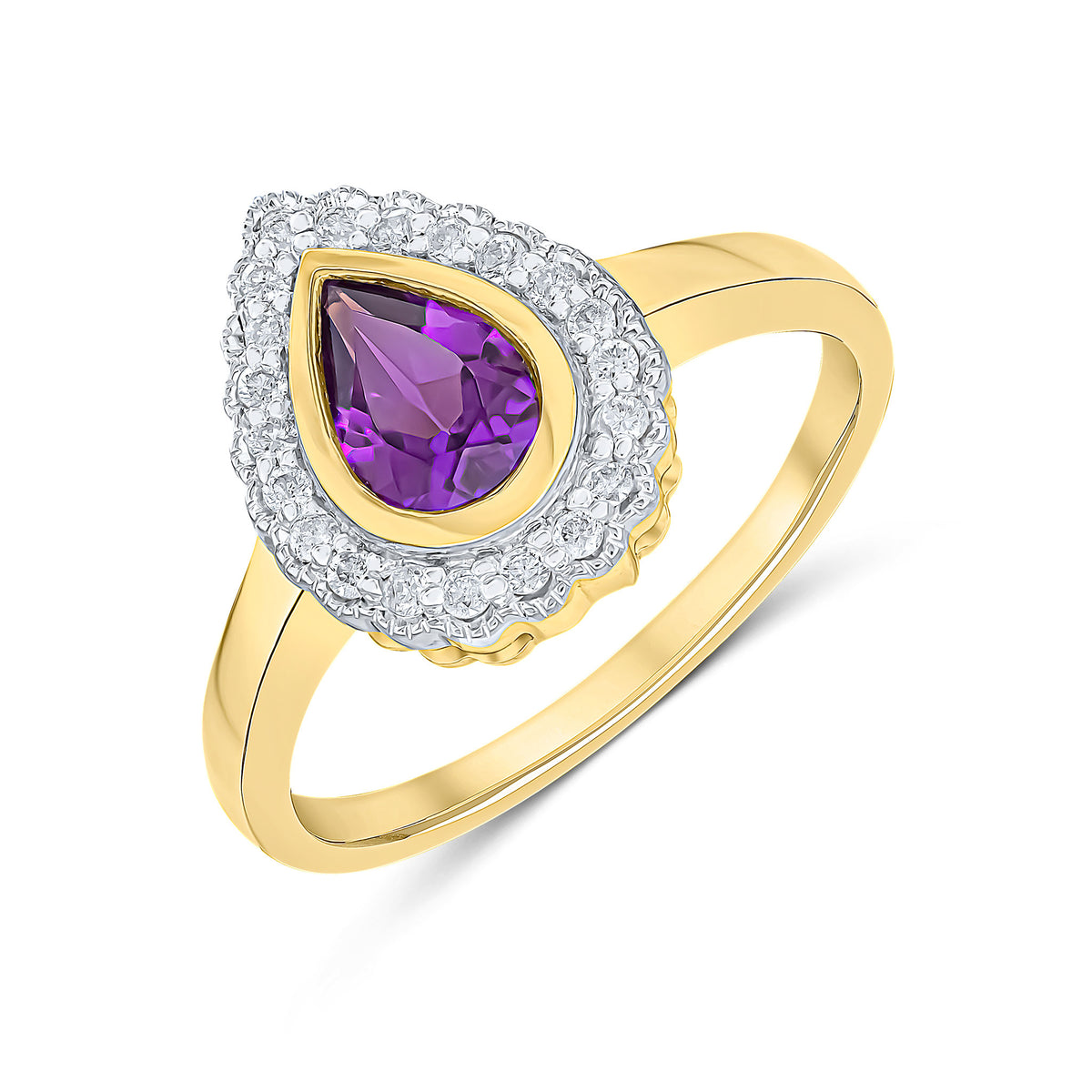 9CT YELLOW GOLD PEARSHAPE RUBOVER AMETHYST AND MILLEGRAIN ROUND DIAMOND CLUSTER RING. RHODIUM TO DIAMONDS