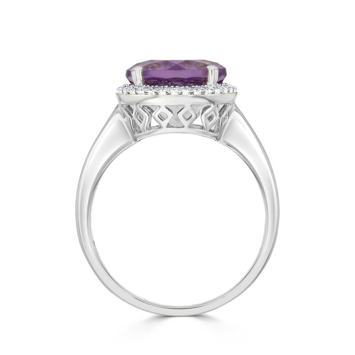 9CT WHITE GOLD 10MM ROUND AMETHYST AND DIAMOND CLAW CLUSTER RING