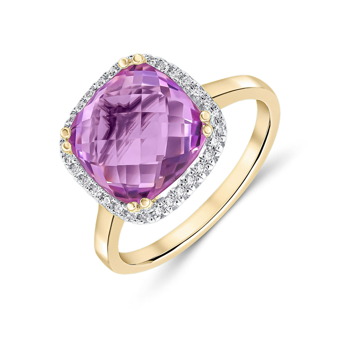 9CT YG 10MM CHECKERBOARD CUT CUSHION PINK AMETHYST & DIAMOND CLAW SET CLUSTER RING.  RHODIUM TO DIAMONDS