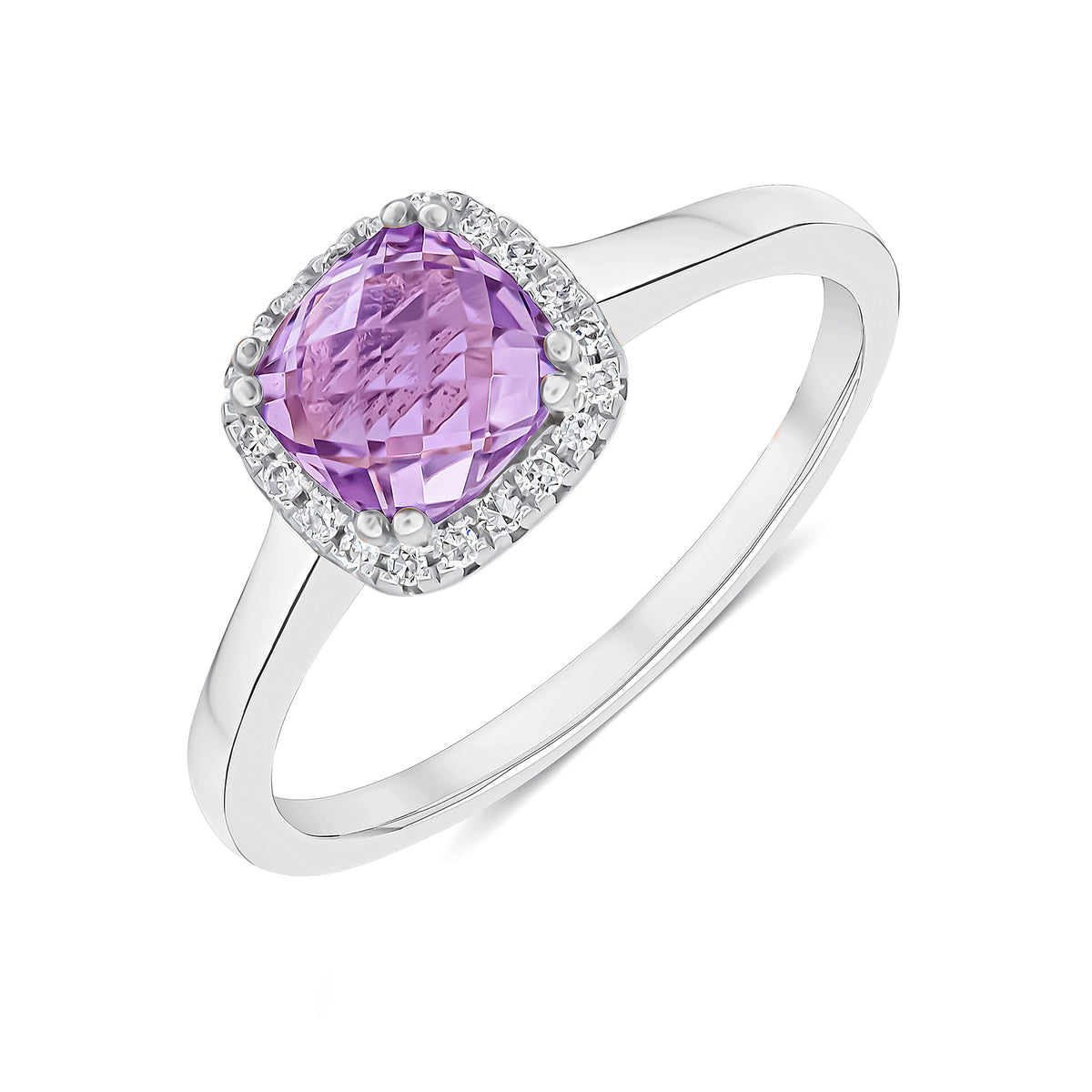 9CT WG 6MM CHECKERBOARD CUT CUSHION PINK AMETHYST & DIAMOND CLAW SET CLUSTER RING