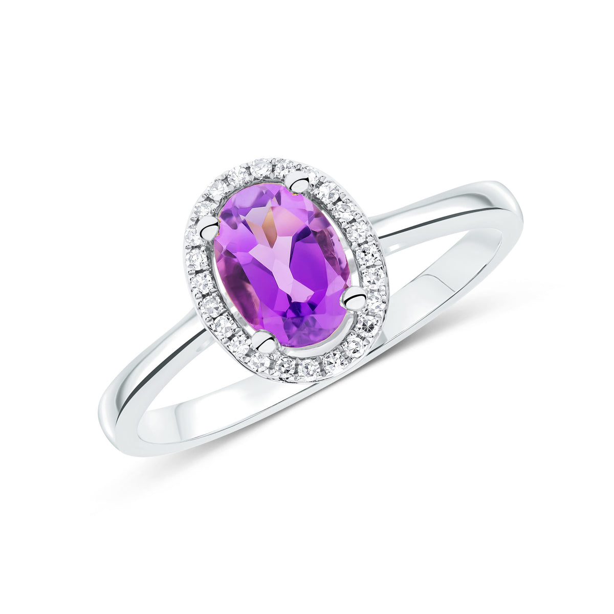 9CT WG 7X5 OVAL AMETHYST & ROUND DIAMOND HALO CLUSTER RING