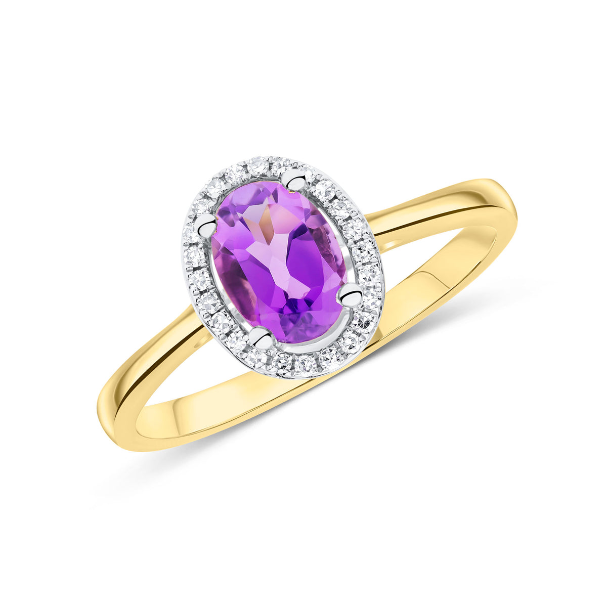 9CT YG 7X5 OVAL AMETHYST & ROUND DIAMOND HALO CLUSTER RING. RHODIUM TO DIAMONDS