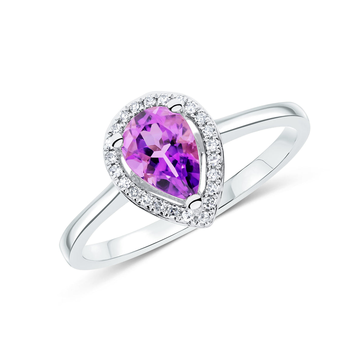 9CT WG 7X5 PEARSHAPE AMETHYST & ROUND DIAMOND CLAW SET HALO CLUSTER RING