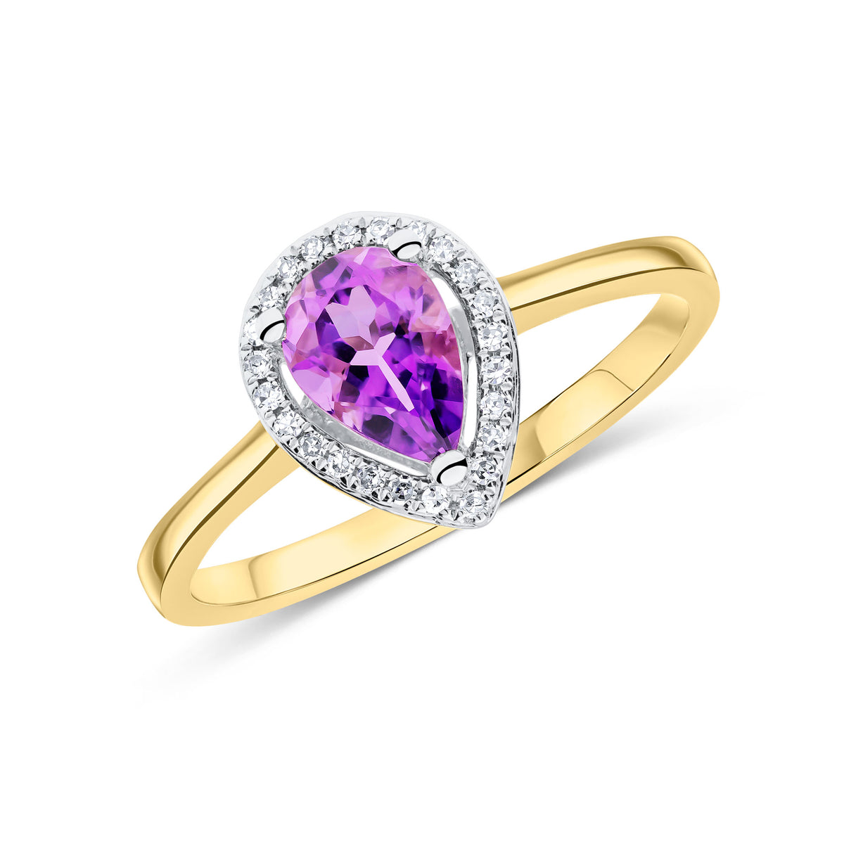 9CT YG 7X5 PEARSHAPE AMETHYST & ROUND DIAMOND CLAW SET HALO CLUSTER RING. RHODIUM TO DIAMONDS