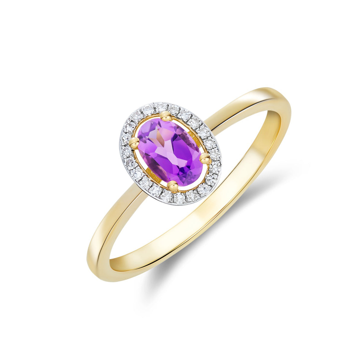 9CT YG 6X4 OVAL AMETHYST AND ROUND DIAMOND HALO CLUSTER RING