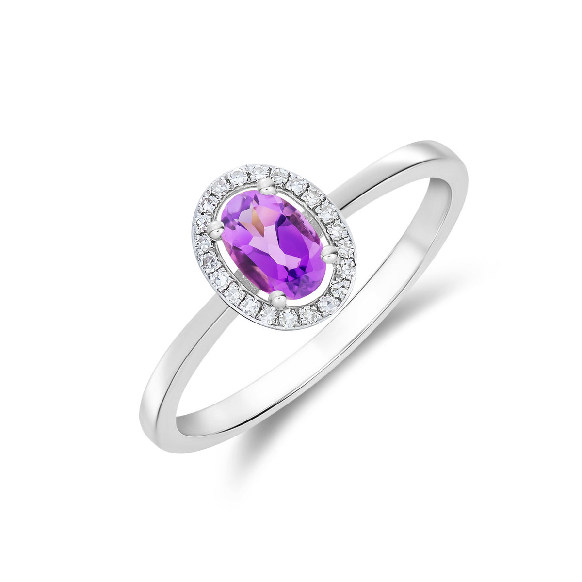 9CT WG 6X4 OVAL AMETHYST AND ROUND DIAMOND HALO CLUSTER RING