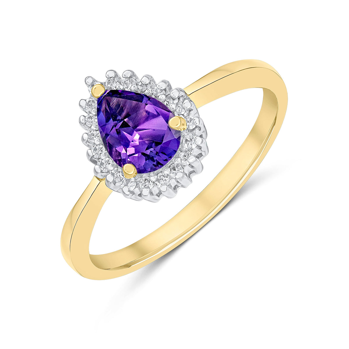 9CT YG 7X5MM PEARSHAPE AMETHYST & DIAMOND CLAW SET CLUSTER RING. RHODIUM TO DIAMONDS