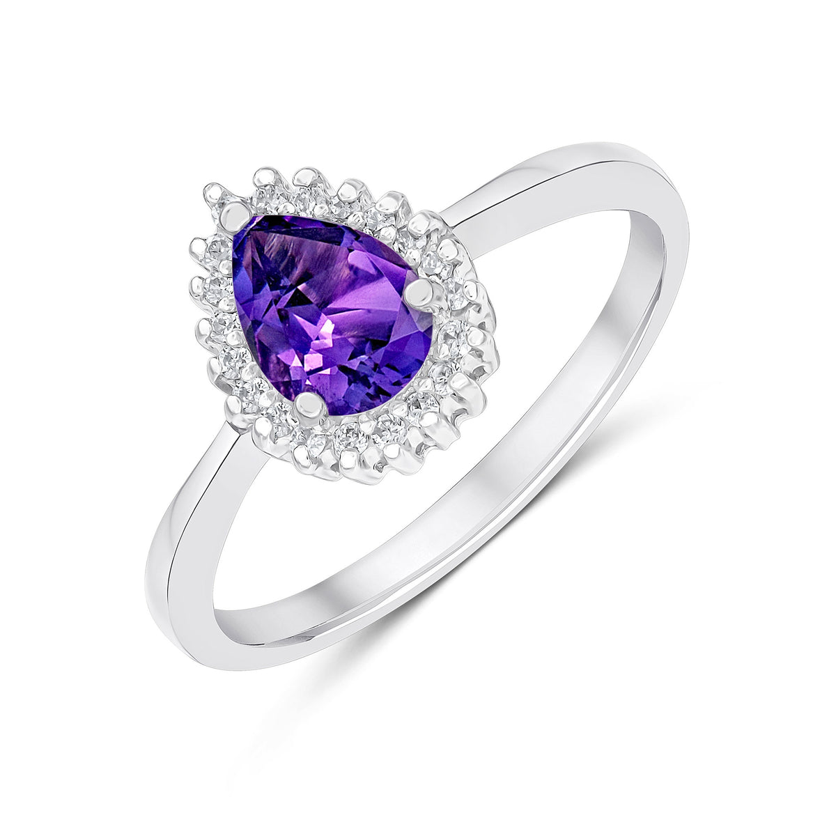9CT WG 7X5MM PEARSHAPE AMETHYST & DIAMOND CLAW SET CLUSTER RING