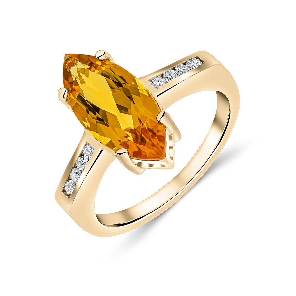 9CT YG 15X7 MARQUISE CITRINE SINGLE STONE RING WITH CHANNEL SET DIAMOND SHOULDERS