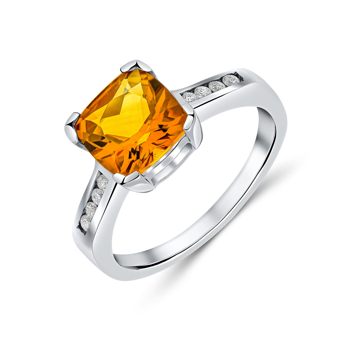9CT WG CLAW SET CUSHION CITRINE SINGLE STONE RING WITH CHANNEL SET DIAMOND SHOULDERS