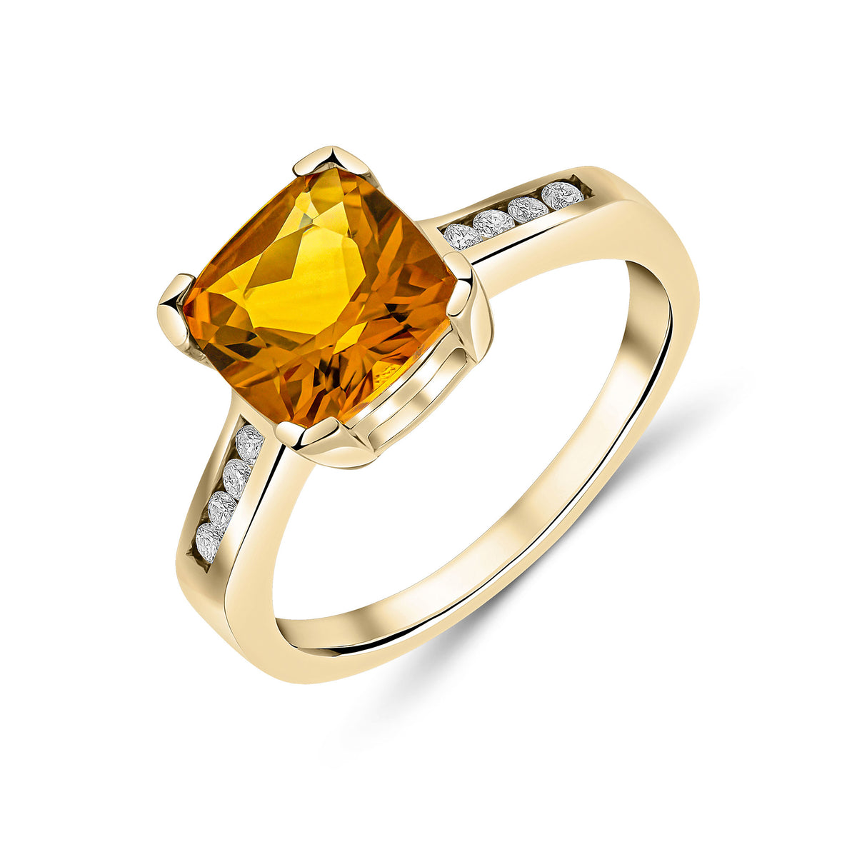 9CT YG CLAW SET CUSHION CITRINE SINGLE STONE RING WITH CHANNEL SET DIAMOND SHOULDERS