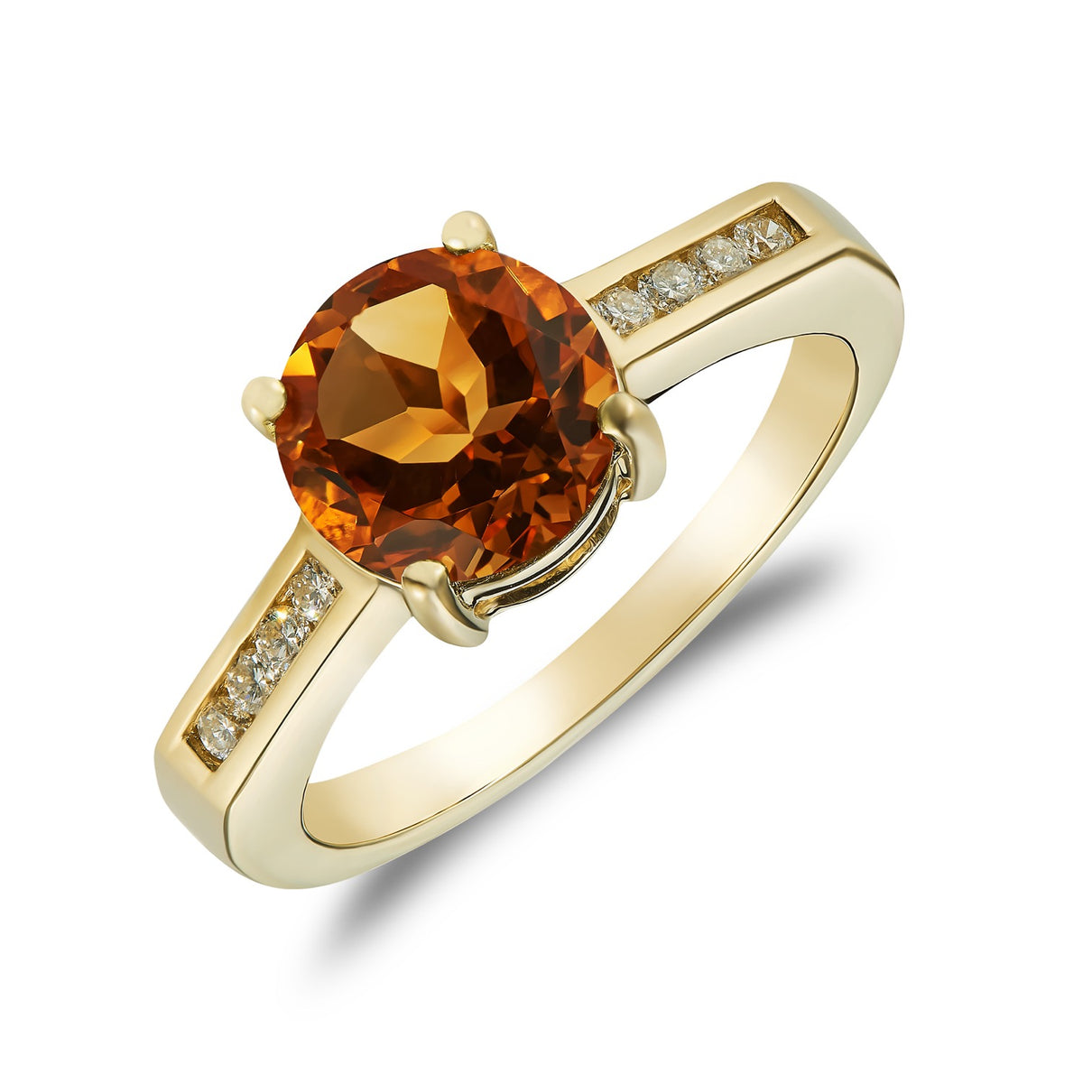 9CT YG CLAW SET 8MM ROUND CITRINE SINGLE STONE RING WITH CHANNEL SET DIAMOND SHOULDERS