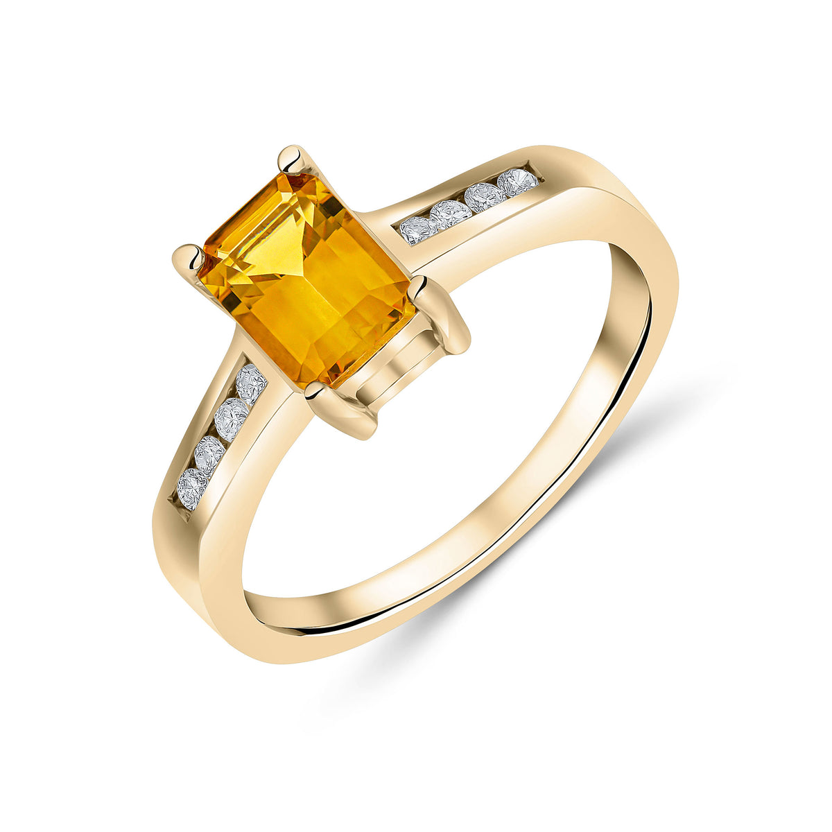9CT YG 7X5 OCTAGON CITRINE CLAW SET SINGLE STONE RING WITH CHANNEL SET DIAMOND SHOULDERS