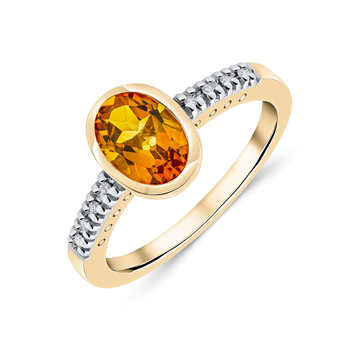 9CT YG RUBOVER 8X6 OVAL CITRINE SINGLE STONE RING WITH CLAW SET DIAMOND SHOULDERS. RHODIUM TO DIAMONDS
