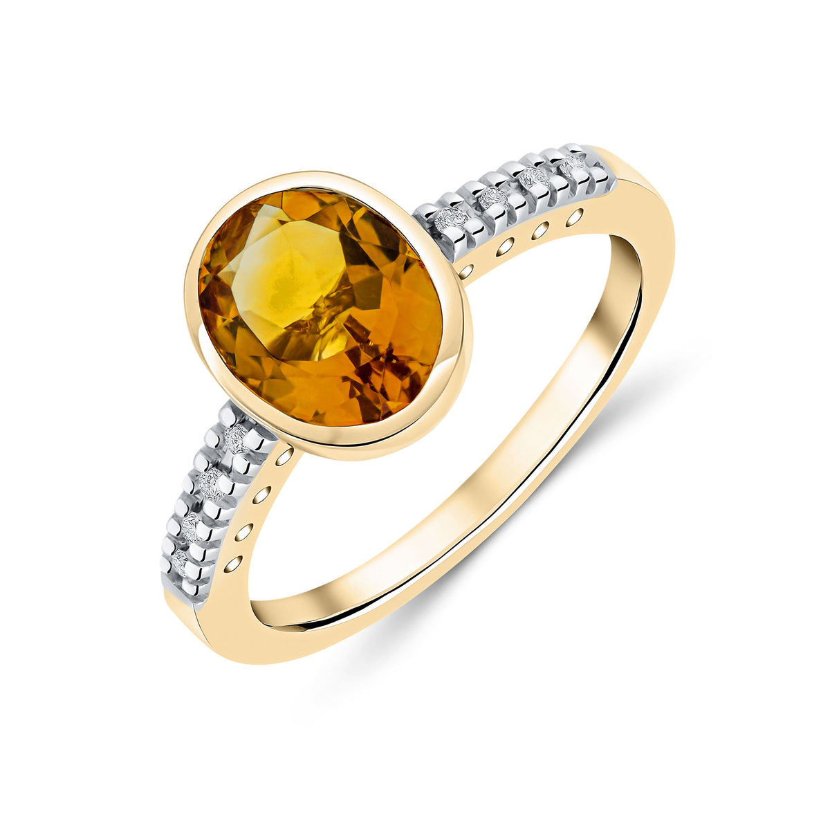 9CT YG RUBOVER 9X7 OVAL CITRINE SINGLE STONE RING WITH CLAW SET DIAMOND SHOULDERS
