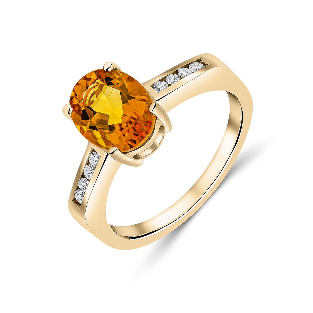 9CT YG 9X7MM CLAW SET OVAL CITRINE SINGLE STONE RING WITH CHANNEL SET DIAMOND SHOULDERS
