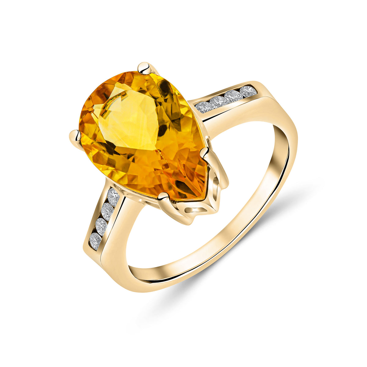 9CT YG 14X9 PEARSHAPE CITRINE SINGLE STONE RING WITH CHANNEL SET DIAMOND SHOULDERS