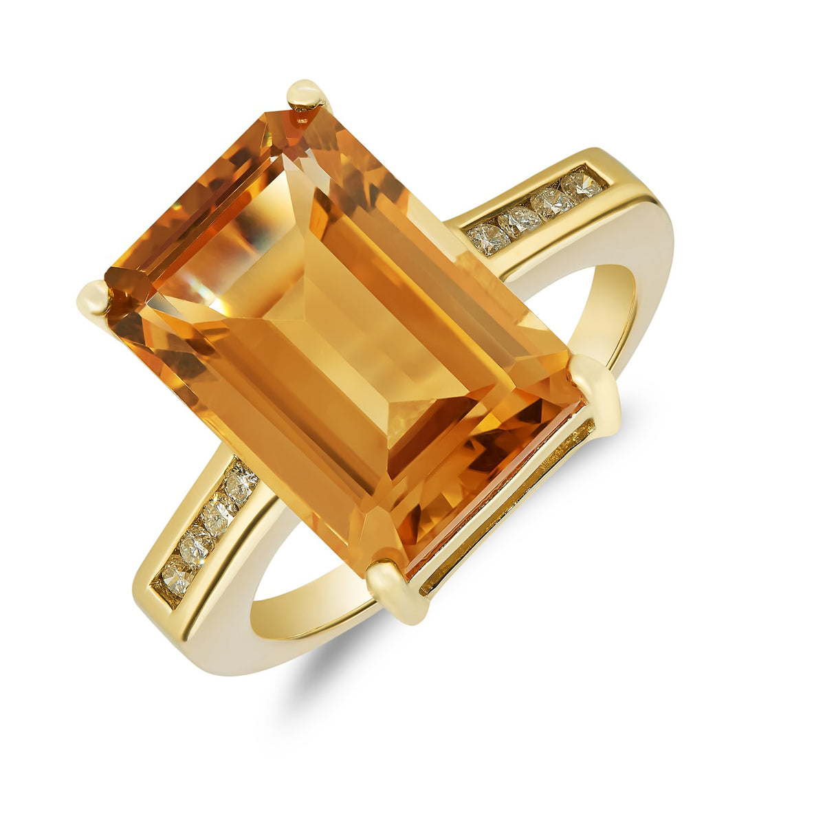 9CT YG CLAW SET 14X10 OCTAGON CITRINE SINGLE STONE RING WITH ROUND DIAMOND CHANNEL SET SHOULDERS
