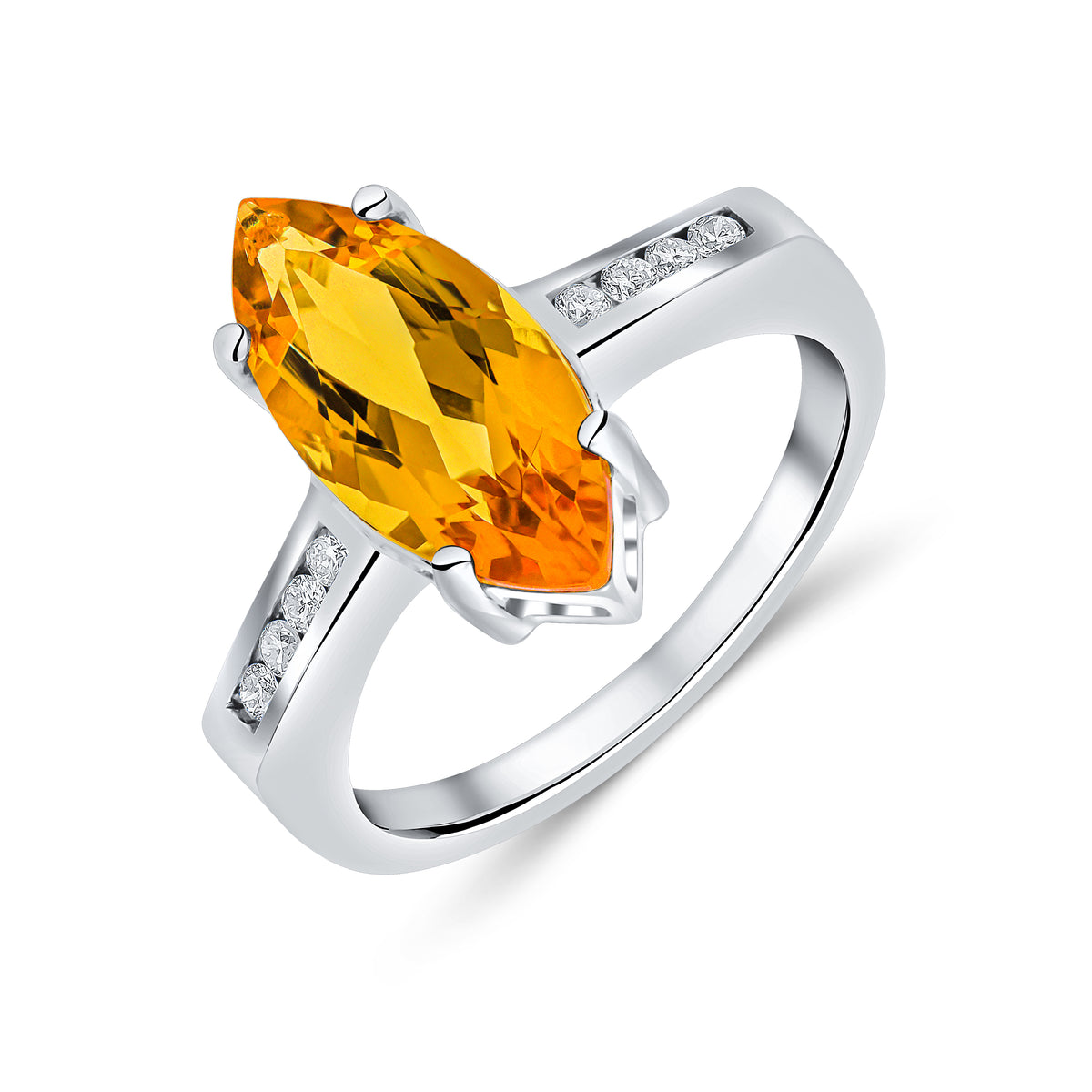 9CT WG 15X7 MARQUISE CITRINE SINGLE STONE RING WITH CHANNEL SET DIAMOND SHOULDERS