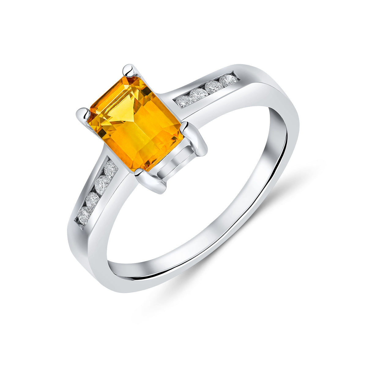 9CT WG 7X5 OCTAGON CITRINE CLAW SET SINGLE STONE RING WITH CHANNEL SET DIAMOND SHOULDERS