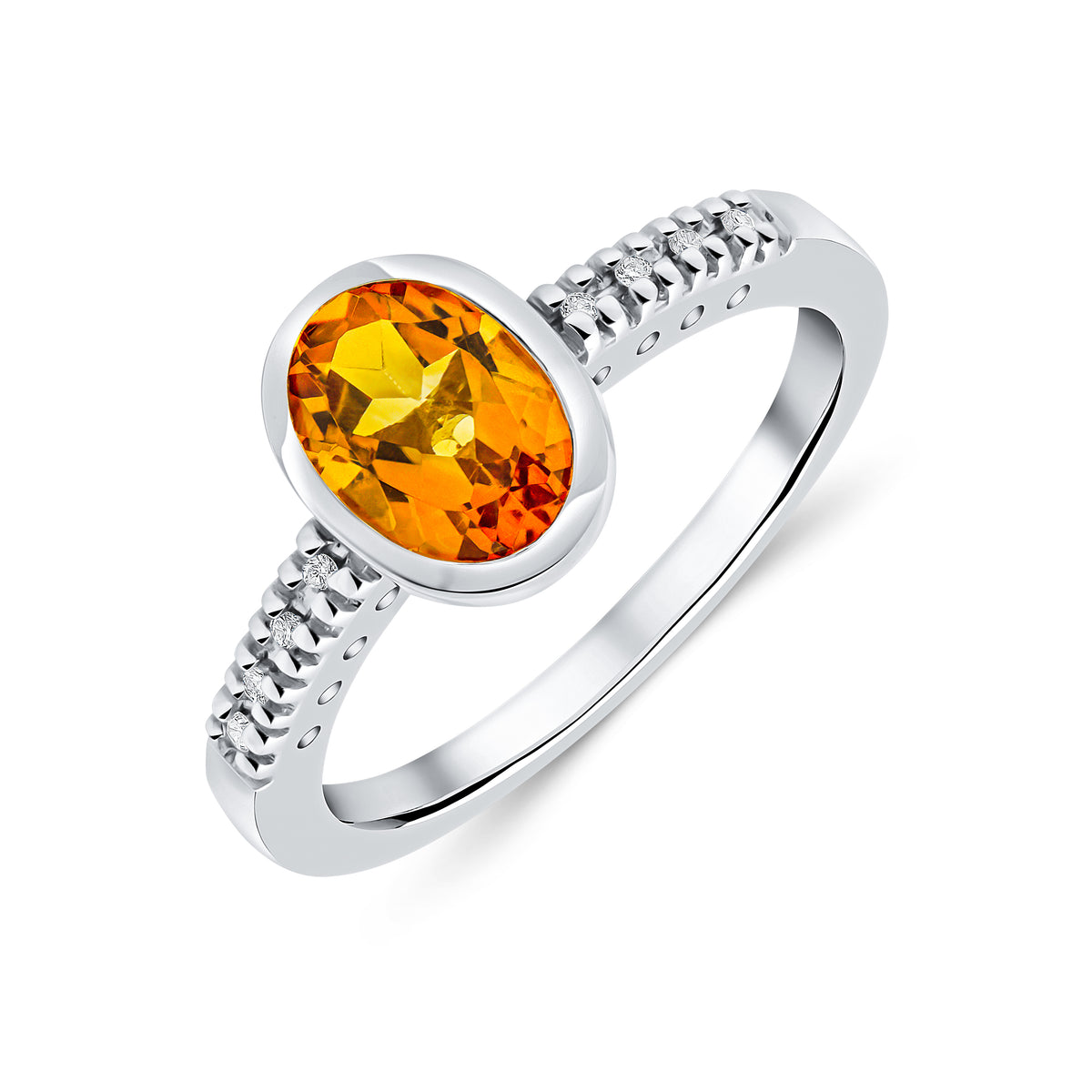 9CT WG RUBOVER 8X6 OVAL CITRINE SINGLE STONE RING WITH CLAW SET DIAMOND SHOULDERS