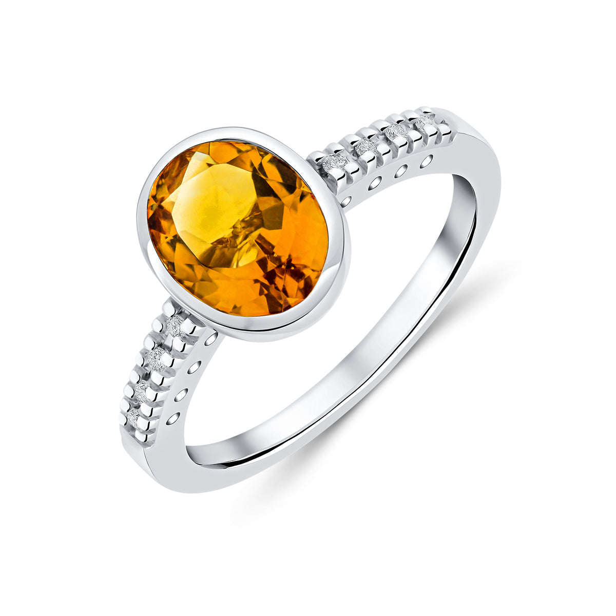 9CT WG RUBOVER 9X7 OVAL CITRINE SINGLE STONE RING WITH CLAW SET DIAMOND SHOULDERS
