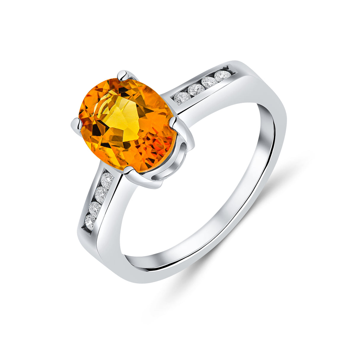 9CT WG 9X7MM CLAW SET OVAL CITRINE SINGLE STONE RING WITH CHANNEL SET DIAMOND SHOULDERS