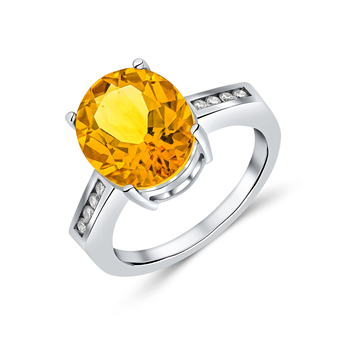 9CT WG 12X10MM CLAW SET OVAL CITRINE SINGLE STONE RING WITH CHANNEL SET DIAMOND SHOULDERS