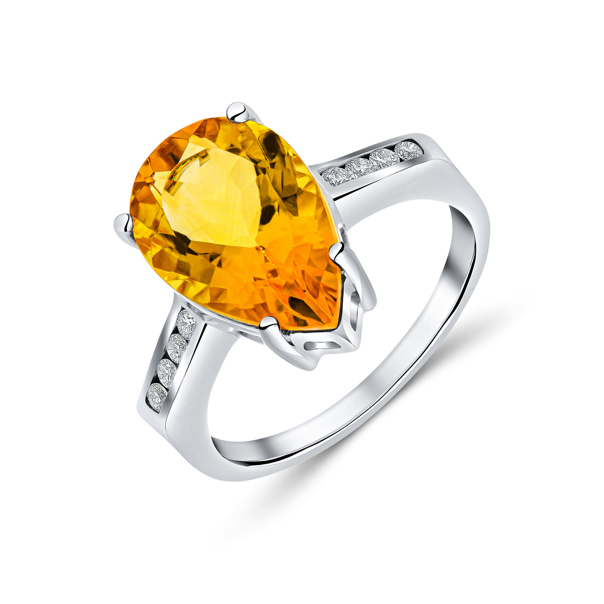 9CT WG 14X9 PEARSHAPE CITRINE SINGLE STONE RING WITH CHANNEL SET DIAMOND SHOULDERS
