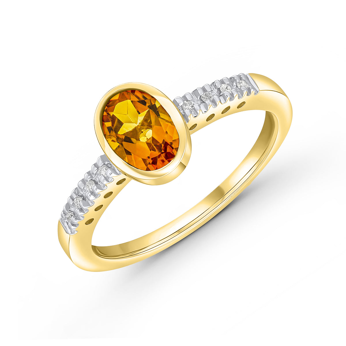 9CT YG RUBOVER 7X5 OVAL CITRINE SINGLE STONE RING WITH CLAW SET DIAMOND SHOULDERS. RHODIUM TO DIAMONDS