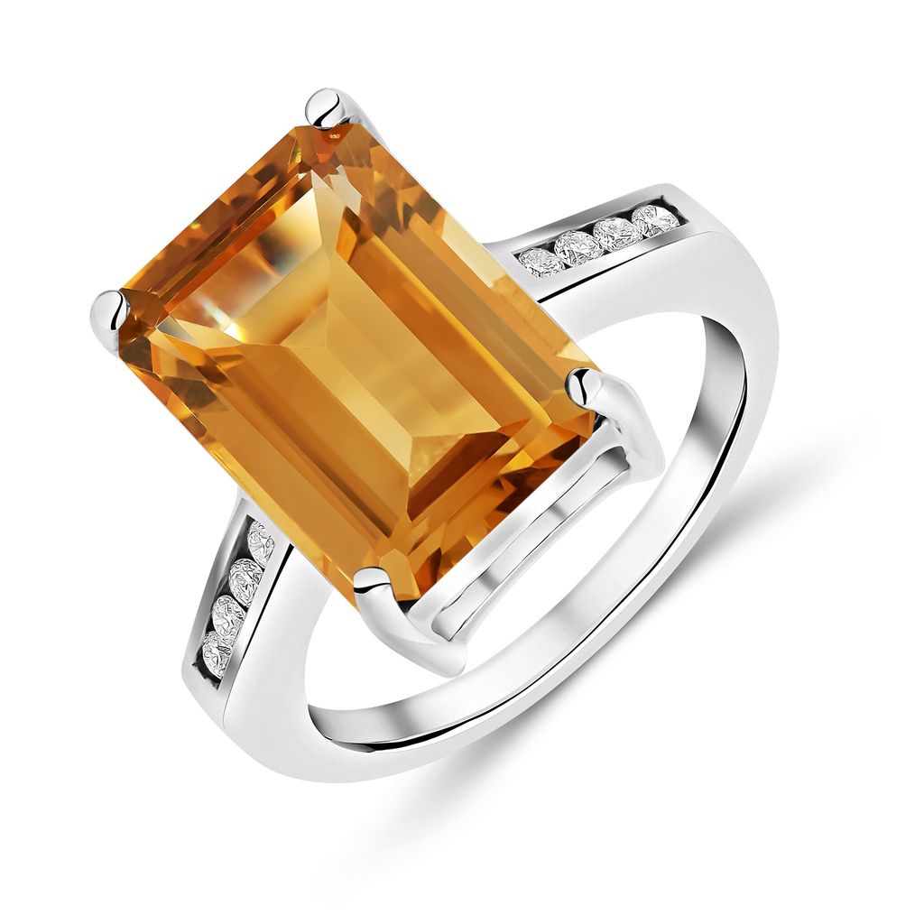 9CT WG CLAW SET 14X10 OCTAGON CITRINE SINGLE STONE RING WITH ROUND DIAMOND CHANNEL SET SHOULDERS