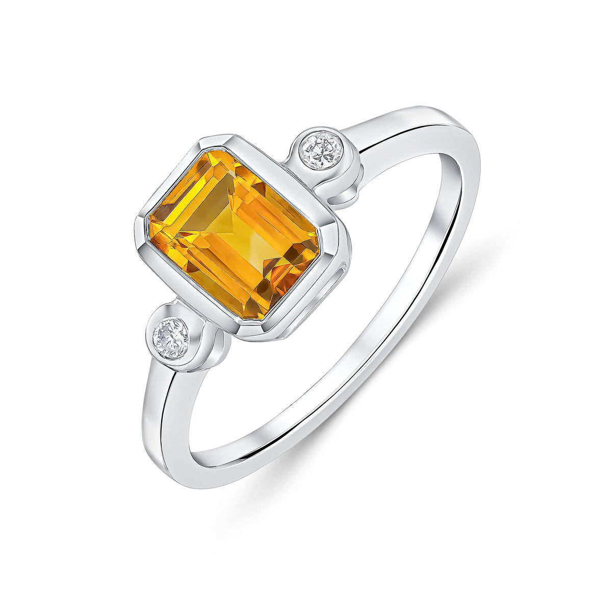 9CT WG 7X5 OCTAGON CITRINE AND ROUND DIAMOND 3 STONE RUBOVER RING