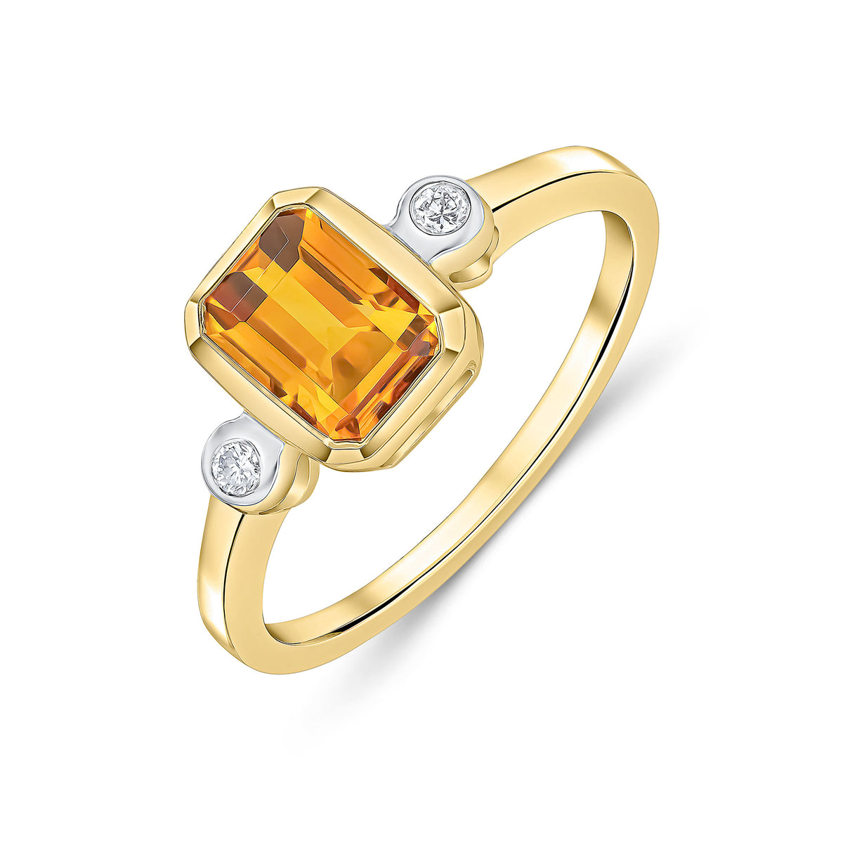 9CT YG 7X5 OCTAGON CITRINE AND ROUND DIAMOND 3 STONE RUBOVER RING. RHODIUM TO DIAMONDS