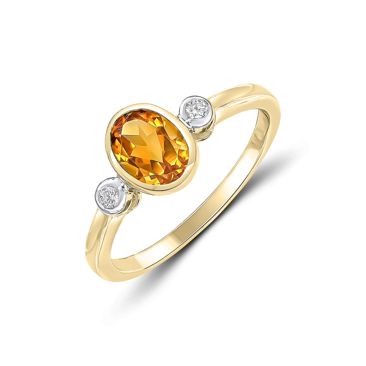 9CT YG 7X5 OVAL CITRINE AND ROUND DIAMOND 3ST RUBOVER RING. RHODIUM TO DIAMONDS