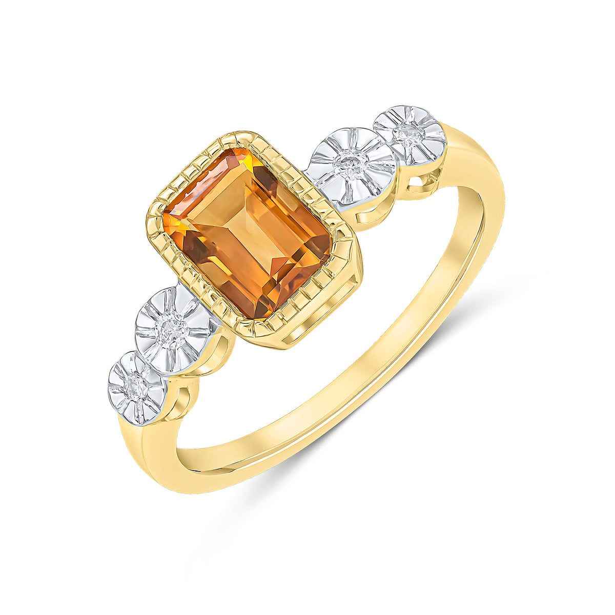 9CT YELLOW GOLD MILLEGRAIN OCTAGON CITRINE AND ILLUSION DIAMOND 2ST SHOULDERS RING
