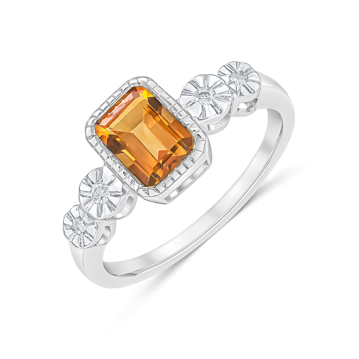 9CT WHITE GOLD MILLEGRAIN OCTAGON CITRINE AND ILLUSION DIAMOND 2ST SHOULDERS RING