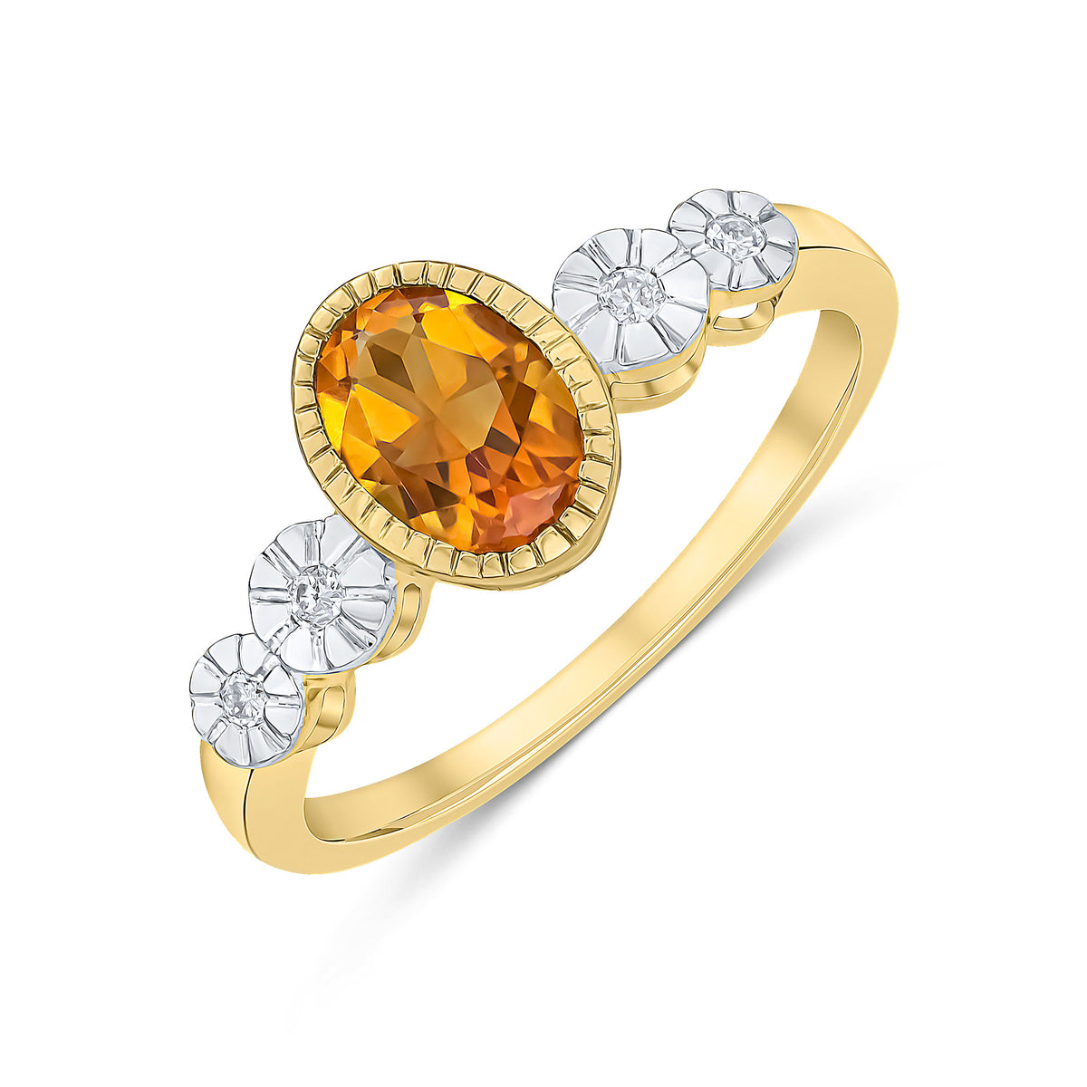 9CT YELLOW GOLD MILLEGRAIN OVAL CITRINE AND ILLUSION DIAMOND 4ST SHOULDERS RING