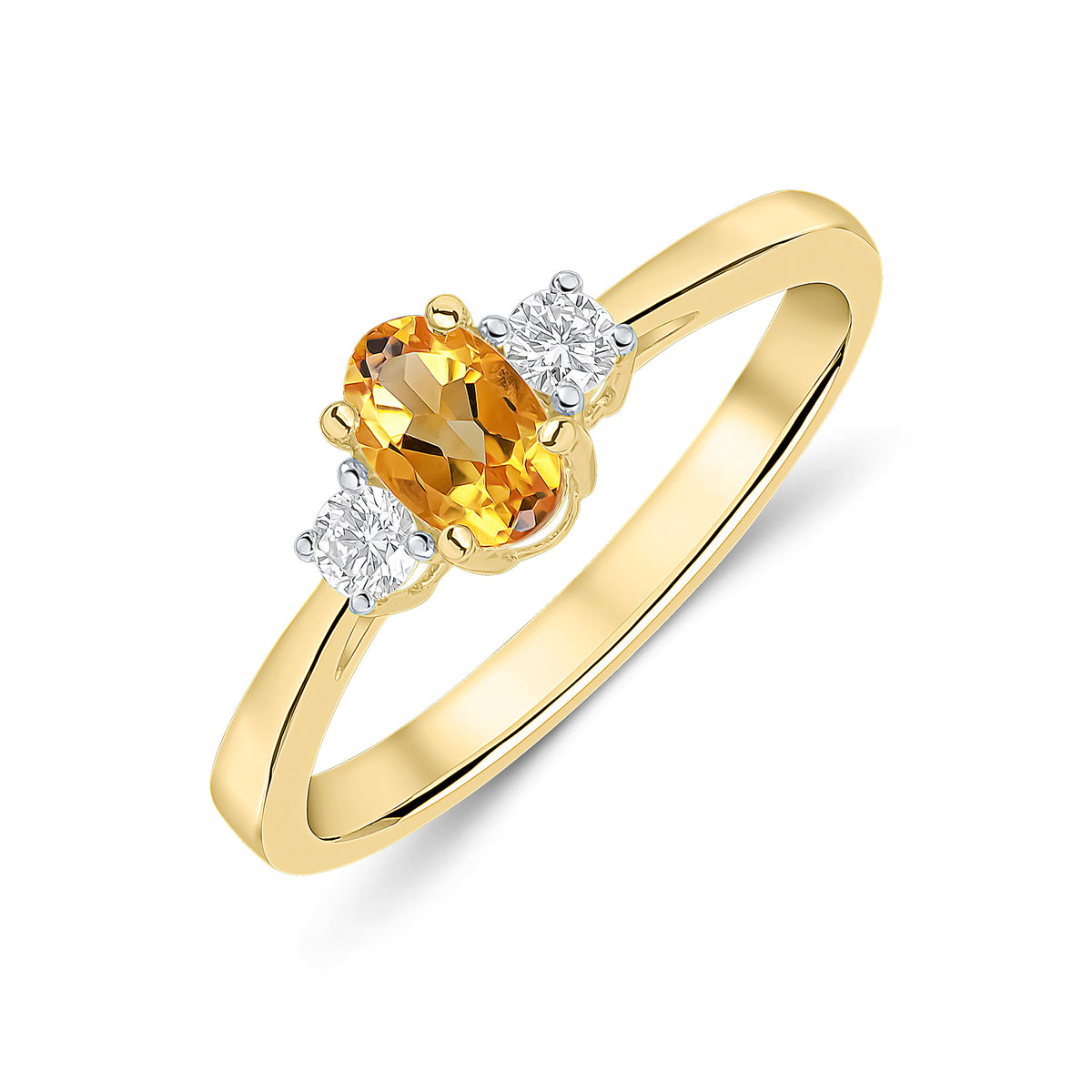9CT YG 6X4 OVAL CITRINE AND ROUND DIAMOND CLAW SET 3ST RING. RHODIUM TO DIAMONDS